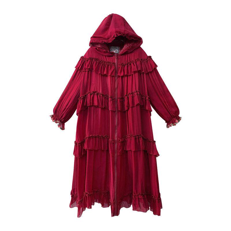桑蚕丝棉服女复古红色连帽高端轻奢荷叶边中长款轻薄保暖棉衣外套