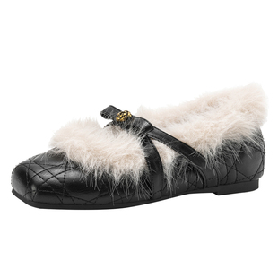 达芙妮山茶花单鞋女2026冬季新款平底加绒毛毛鞋方头玛丽珍小皮鞋