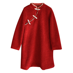 LittleNaive冬季羊羔毛儿童连衣裙厚款中国风旗袍女童红色连衣裙