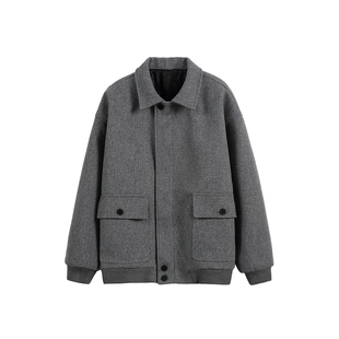 灰色翻领毛呢夹克棉服男生2025新款冬季宽松短款加厚保暖上衣外套