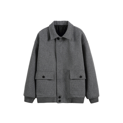 灰色翻领毛呢夹克棉服男生2025新款冬季宽松短款加厚保暖上衣外套