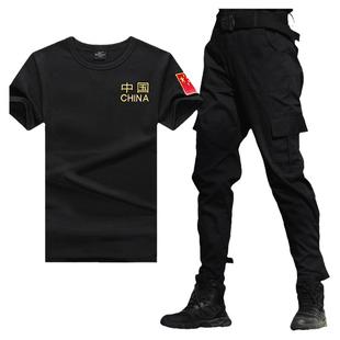 夏季迷彩服套装男黑色短袖T恤保安训练下裤特战训练套装男工装