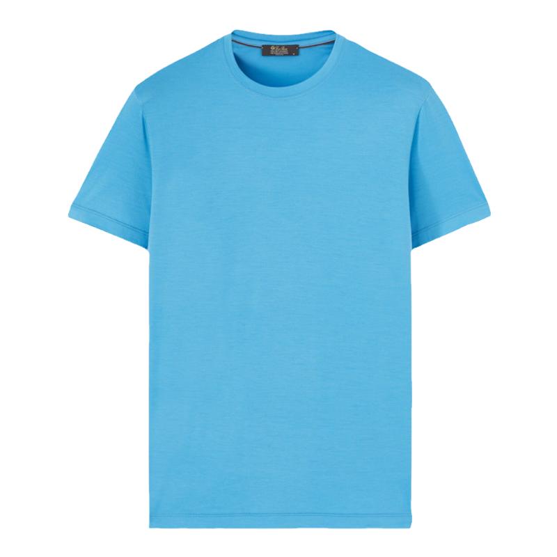 Loro Piana/诺悠翩雅男装简约百搭蓝色圆领短袖羊毛T恤上衣