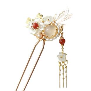 青雀记手工古风簪子步摇发饰流苏红色结婚订婚发簪发钗头饰龙葵红