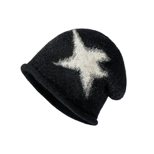 美式辣妹星星卷边针织堆堆帽子女秋冬2025新款黑色显脸小毛线冷帽