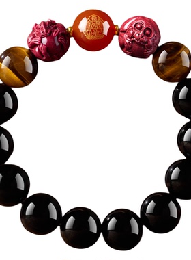 天然黑曜石生肖三合转运珠手链男