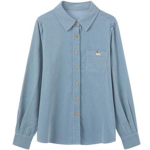 LAGOGO文艺绣花灯芯绒衬衫女拉谷谷2025冬款纯棉蓝色内搭叠穿上衣