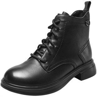 意尔康女鞋2025冬季皮鞋复古真皮休闲马丁靴粗跟英伦加绒保暖短靴