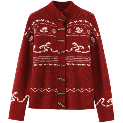 【绵羊毛】BANANA BABY2025年冬季新款费尔岛木质牛角扣开衫毛衣