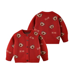 儿童加绒毛衣秋冬婴儿针织开衫纱衣男女宝宝加厚外套红色拜年服潮
