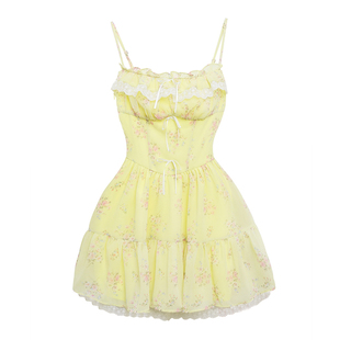 BBING甜饼 玫瑰花束 黄色吊带碎花连衣裙纯欲温柔显瘦蝴蝶结裙子