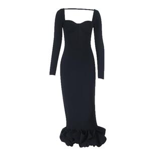 instunning法式气质赫本风方领包臀裙女秋冬修身黑色长袖连衣裙子