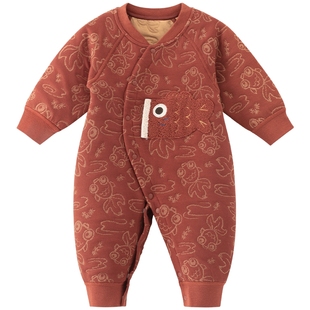 男女宝宝夹丝棉保暖连体衣秋冬季婴幼儿居家哈衣爬服红色过新年服