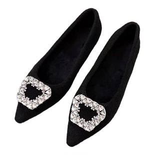 2025年新款法式水钻方扣尖头内增高单鞋女浅口鞋子加绒平底毛毛鞋