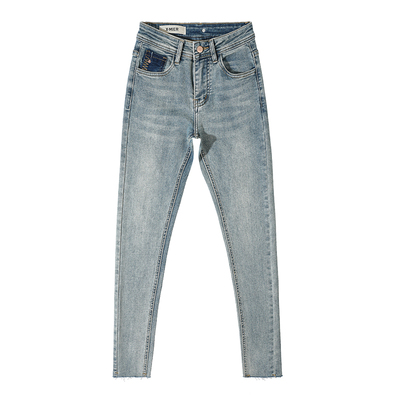 薄款收腹提臀紧身小脚牛仔裤撞色