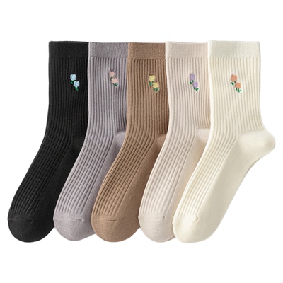 花田靴下吸汗女精梳棉刺绣中筒袜