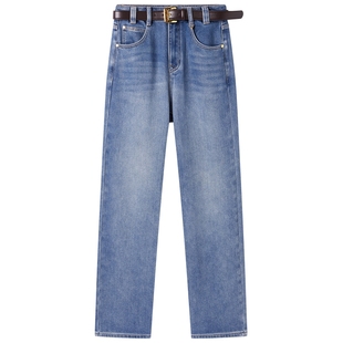 太平鸟冬季加绒拉链磨毛字母直筒牛仔裤A1HAE4526