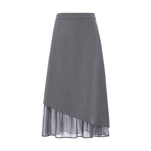 JESSIE格雷系灰色拼接半身裙女不规则职场通勤A字中长裙春季新款