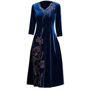 时尚妈妈装春装连衣裙中长款大码显瘦高端镶钻中老年女装金丝绒裙