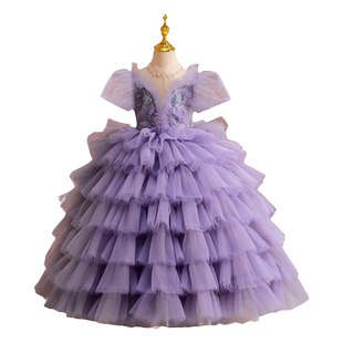 儿童礼服高端紫色女童走秀公主裙洋气生日宴会主持人钢琴演出服春