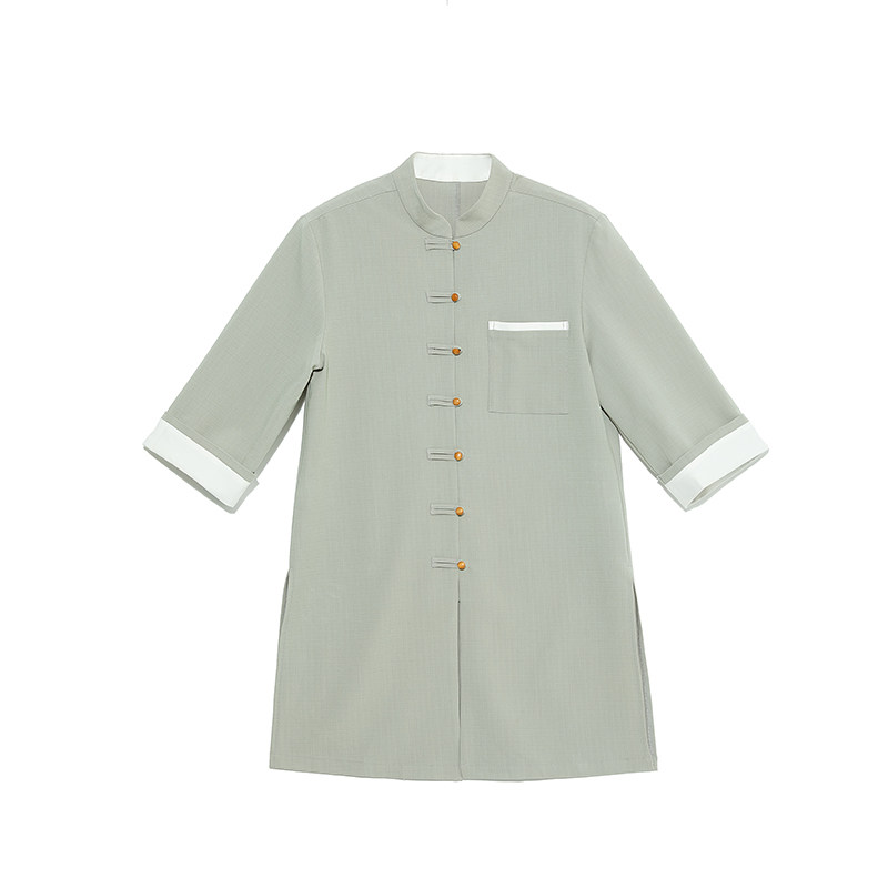 爱斯坦新中式餐厅服务员工作服夏中式茶馆糕点工作服套装男女灰绿