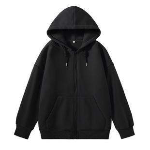 NOW真维斯黑色连帽卫衣女2026新款早春美式大码高级感开衫外套女