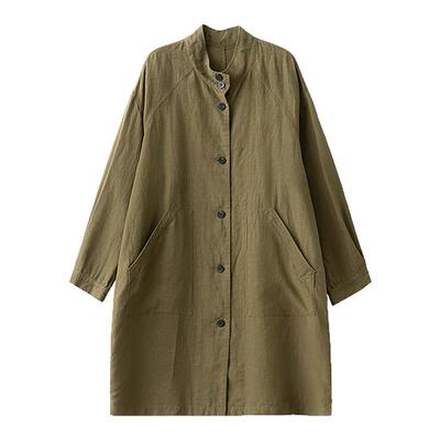 梭家｜半杯咖啡｜简约通勤纯亚麻长袖风衣春夏女新款橄榄绿外套