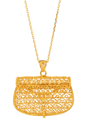 非遗花丝镂空锁包祥云银鎏金吊坠