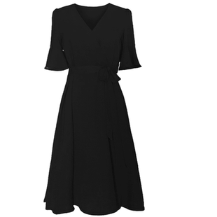 大码裙仙女大摆裙v领喇叭袖通勤雪纺裙遮肚子胖mm连衣裙夏中长裙