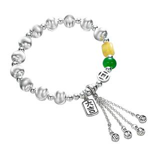 九乐925纯银手链女猫眼蜜蜡流苏手串气质百搭新中式玛瑙银珠手链