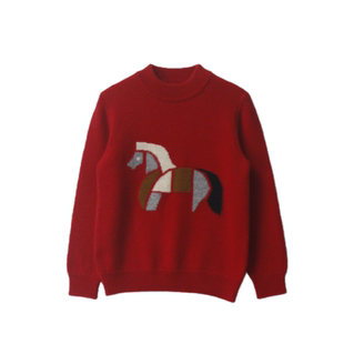 儿童红色羊绒衫冬季新年款男女童半高领新年卡通小马提花加厚毛衣