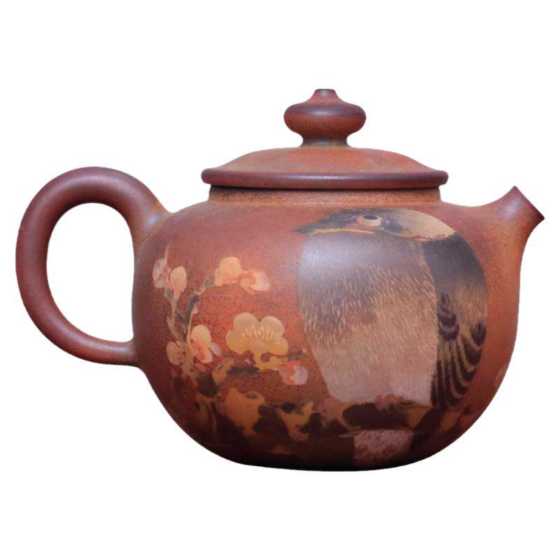 220ml 纯手工拉坯彩填壶建水紫陶花鸟壶柴烧茶壶茶道 普忠华 Z12