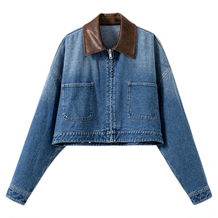 【现货】短打版型 巴恩风撞色翻领皮革拼接牛仔夹克短外套