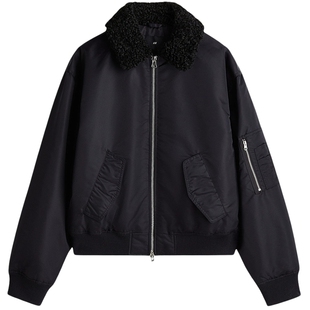 HM男装夹克春季宽松毛绒领冬装保暖夹棉尼龙飞行员外套1295960