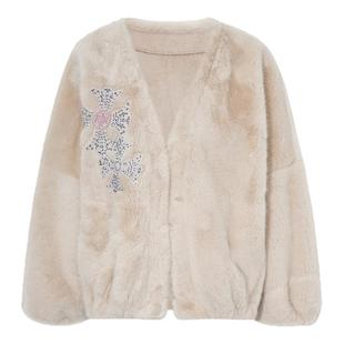 TCH私服烫钻时髦千金风V领毛毛保暖外套2025冬季新款T75D05E1006