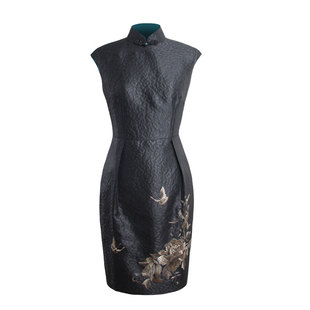 绝美重工黑底中国风提花盘扣复古黑色无袖刺绣蝴蝶改良双层女旗袍