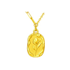 黄金吊坠女999足金郁金香花牌项链轻奢小众24K纯金方牌锁骨链送礼