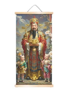 财神八方聚财招财童子挂画客厅高清玄关客厅装饰画油画布卷轴挂画