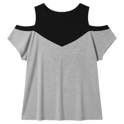 Color blocked round neck of shoulder top拼色圆领露肩短袖上衣