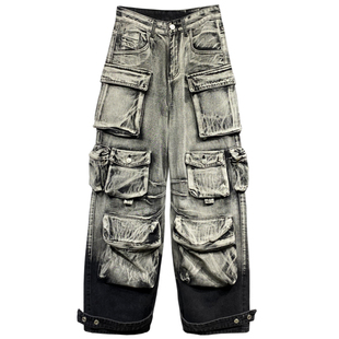 多口袋灰黑色休闲工装牛仔裤女春新款高腰宽松显瘦百搭束脚直筒裤