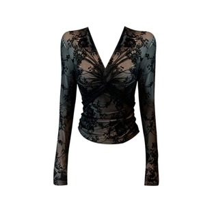 大码御姐气质V领扭结长袖T恤女秋冬胖mm修身内搭性感蕾丝打底上衣