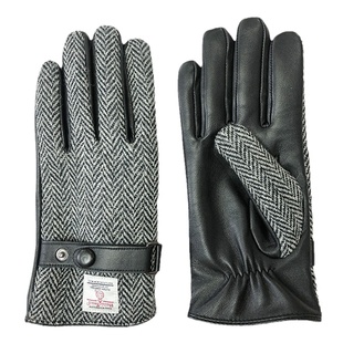 Harris tweed哈里斯粗花呢黑白人字纹加厚保暖羊毛真皮触屏手套冬