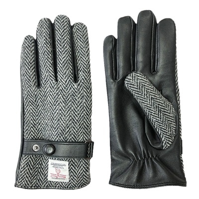 Harris tweed哈里斯粗花呢黑白人字纹加厚保暖羊毛真皮触屏手套冬
