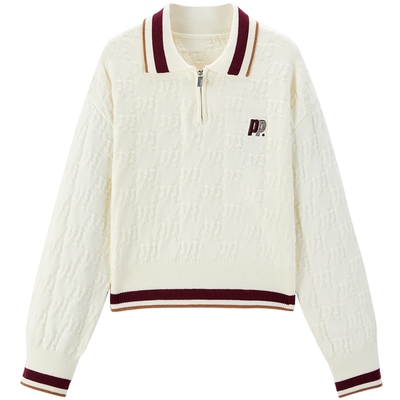 太平鸟个性翻领刺绣工艺撞色针织拉链套头衫A3EEE424H