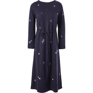 渔牌女装秋装女2023年新款羊毛呢刺绣针织系带收腰连衣裙FGFC0015