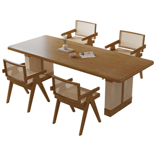 侘寂风实木藤编餐桌椅组合小户型家用餐厅桌子民宿长方形饭桌茶台