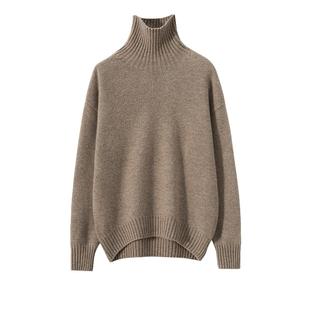 加厚半高领羊毛衫女100纯羊毛 针织打底衫宽松秋冬季米色羊绒毛衣