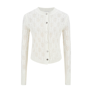 MosesQueen魔西女王白色缕空针织开衫女春秋外搭毛衣长袖外套上衣