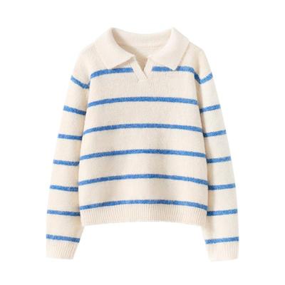 班尼路S&K系列polo领长袖针织毛衫女款秋冬新款韩系条纹拼色毛衣Q