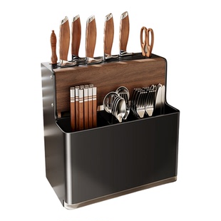 宁典胡桃木厨房刀架置物架多功能刀具筷子笼一体放置收纳架免打孔